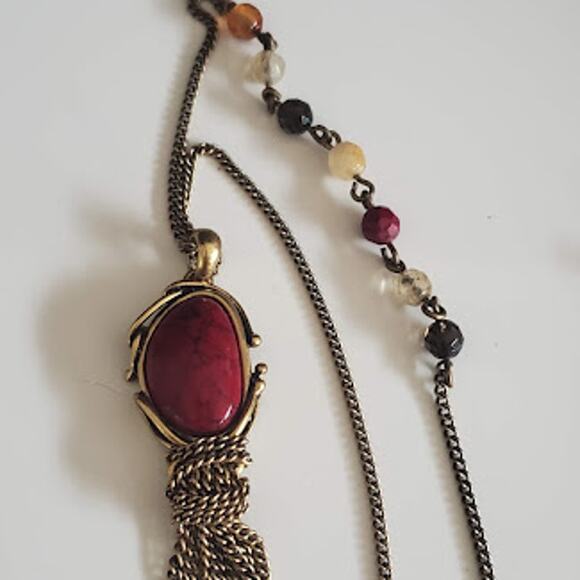 Lucky Brand Boho Necklace with Carnelian Center Stone Gold Tone Chain with Beads - Picture 5 of 8